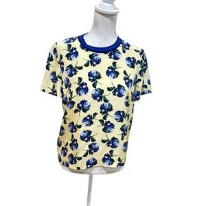 Mother of Pearl buttercup Yellow & Blue floral short sleeve blouse silk size 4